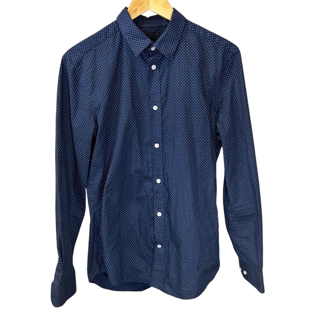 H&M Mens Navy‎ Blue White Polka Dot Button Down LS Shirt Size M